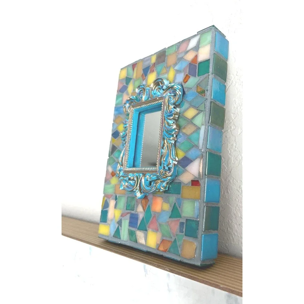 Stained Glass Mosaic Mirror Frame Colorful Handmade Glass Tile Boho Decor 8x6
